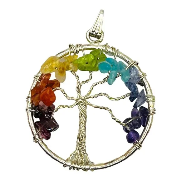 Artisan Wire-Wrapped Tree Pendant Multi Gemstone Vintage 70s Handcrafted EUC - Picture 2 of 7